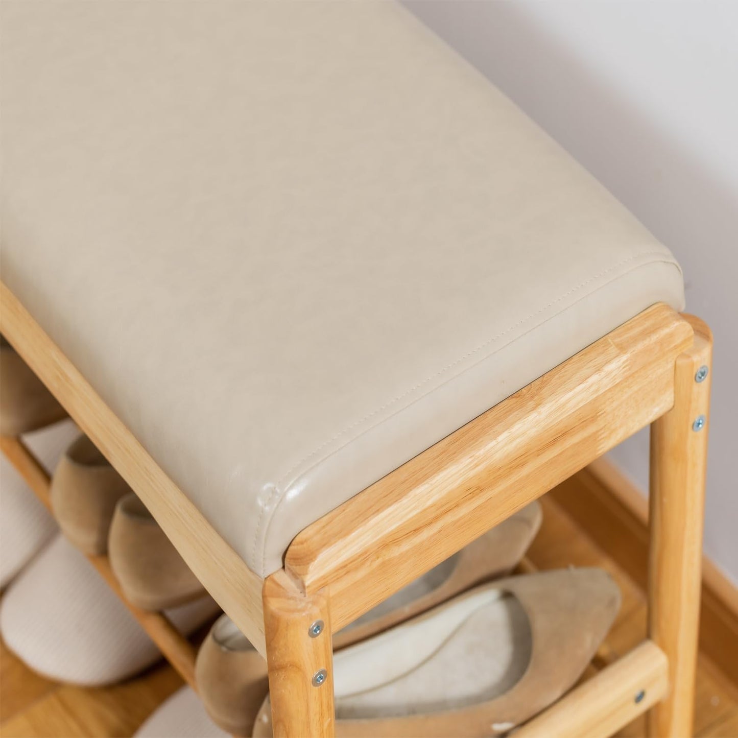 latifolia Small Shoe Bench, Solid Wood Bench with Cushion, 2 Tier Shoe Storage Organizer for Entryway(Nature,23.62''L)