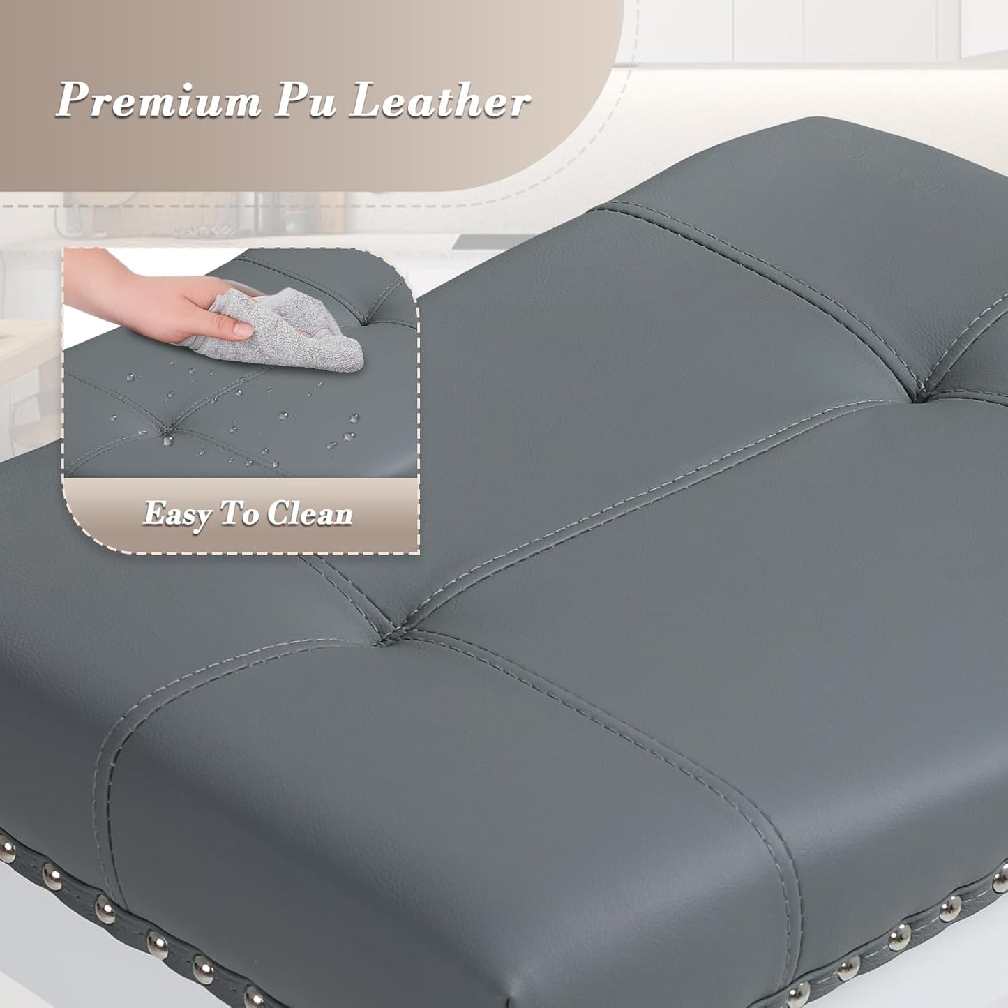 Athena Collection Bar Stools Set of 2, 25 Inches Counter Height Bar Stools Backless with Footrest, Leather Upholstered Saddle Barstools with Nailhead Trim for Kitchen Island, Counter, Grey White