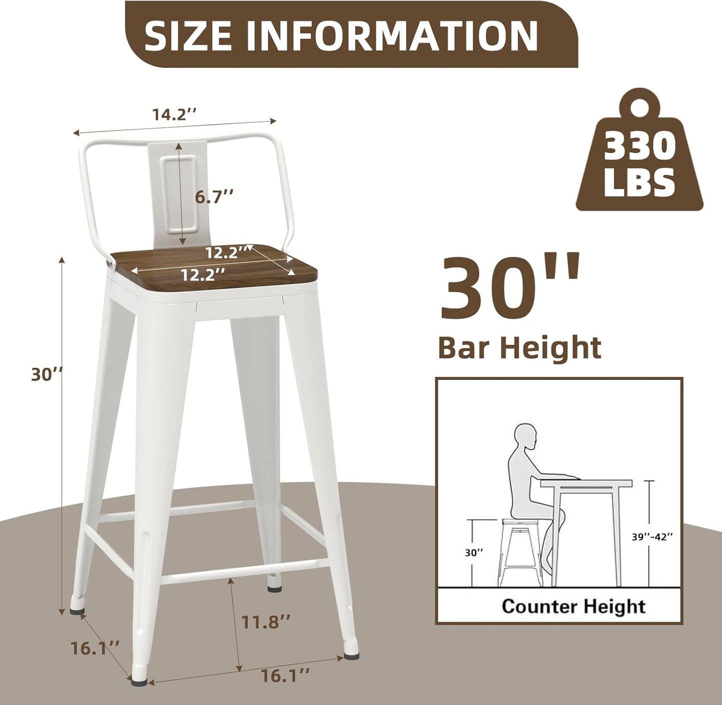 30 Inch Swivel Bar Stools Set of 4, Counter Height Bar Stools with Low Back, Metal Industrial Bar Chairs for Kitchen Island (White)