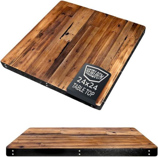 Reclaimed Wood Table Top - Rustic Recycled Wooden Piece Perfect for Signs, Kitchens, Dining and Coffee Table Tops (Reclaimed Wood Table Top with Metal Edge, 24" x 24")
