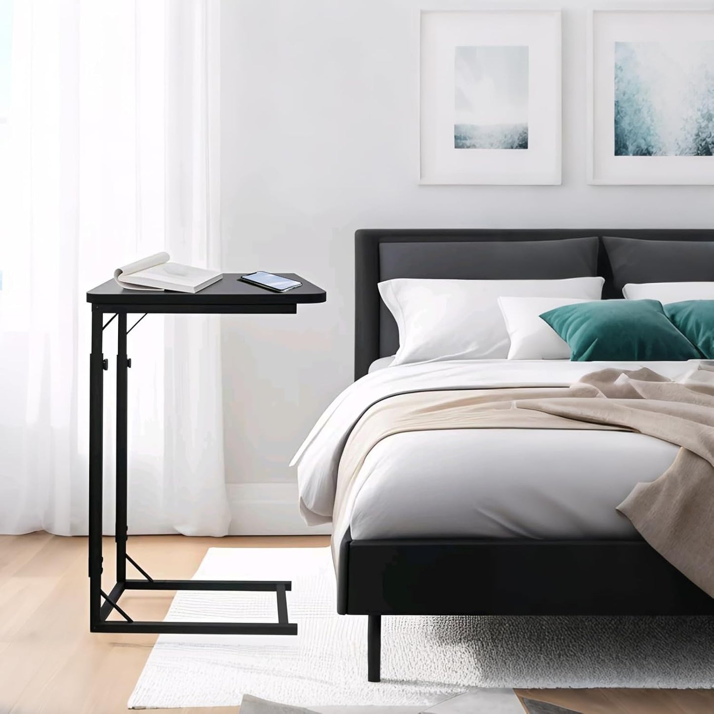 Premium Adjustable C Shaped End Table, Mini Side Tables for Couch and Sofa, Small Coffee Table with Metal Frame, Beautiful and Practical Sidekick for Your Living Room, Bedroom, Bedside, Rustic Black
