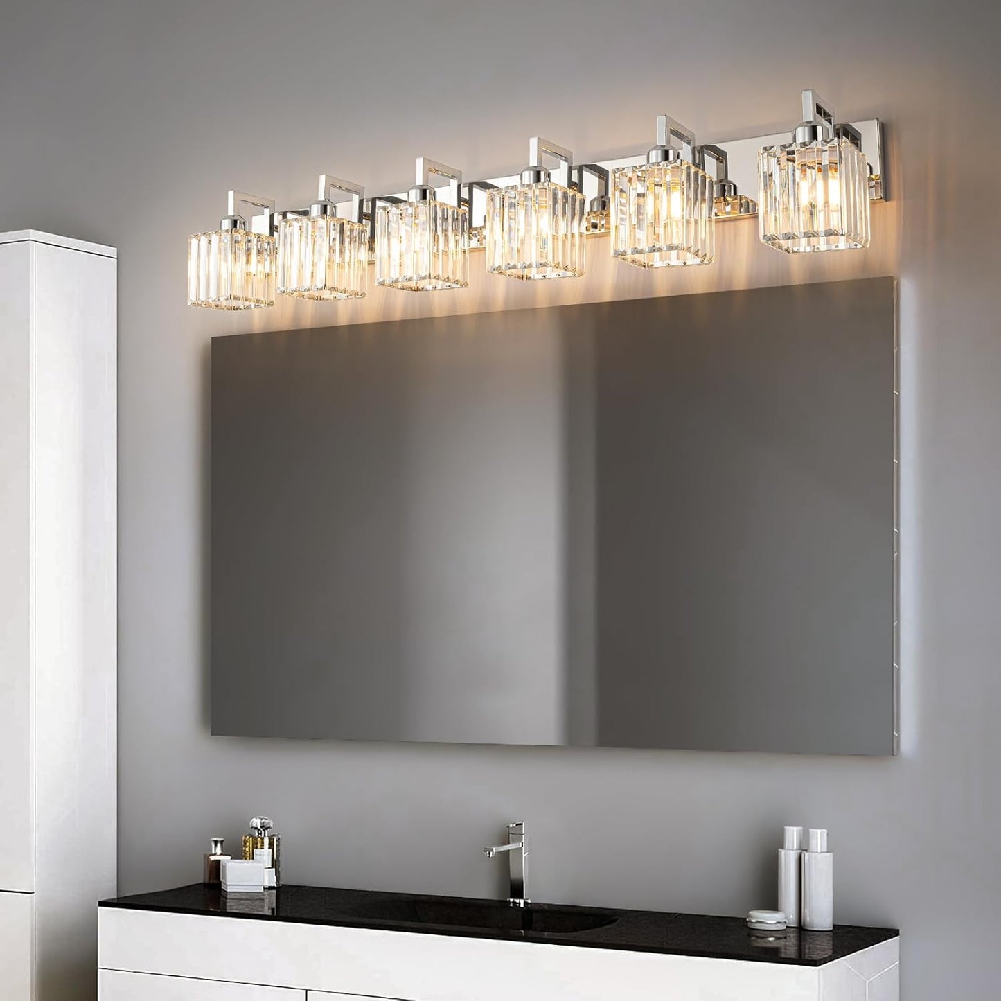 Modern Bathroom Vanity Light 6-Lights Chrome Crystal Wall Lamp Bathroom Modern Crystal Vanity Lighting