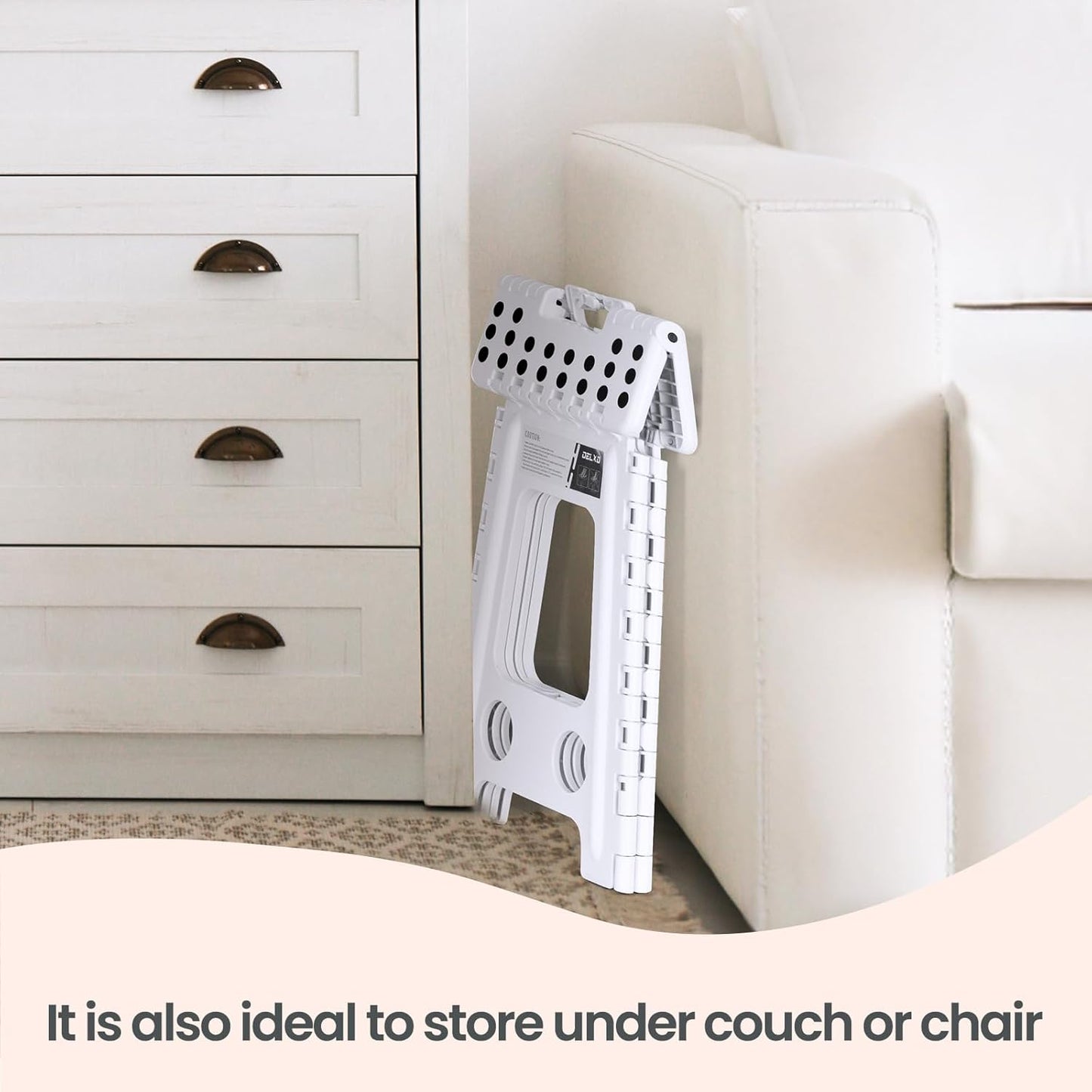 Delxo 16 Inch Folding Step Stool, White Step Stools Foldable,Portable Collapsible Step Stool with Handle, Folding Stool for Kitchen Bathroom,Bedroom,Garden