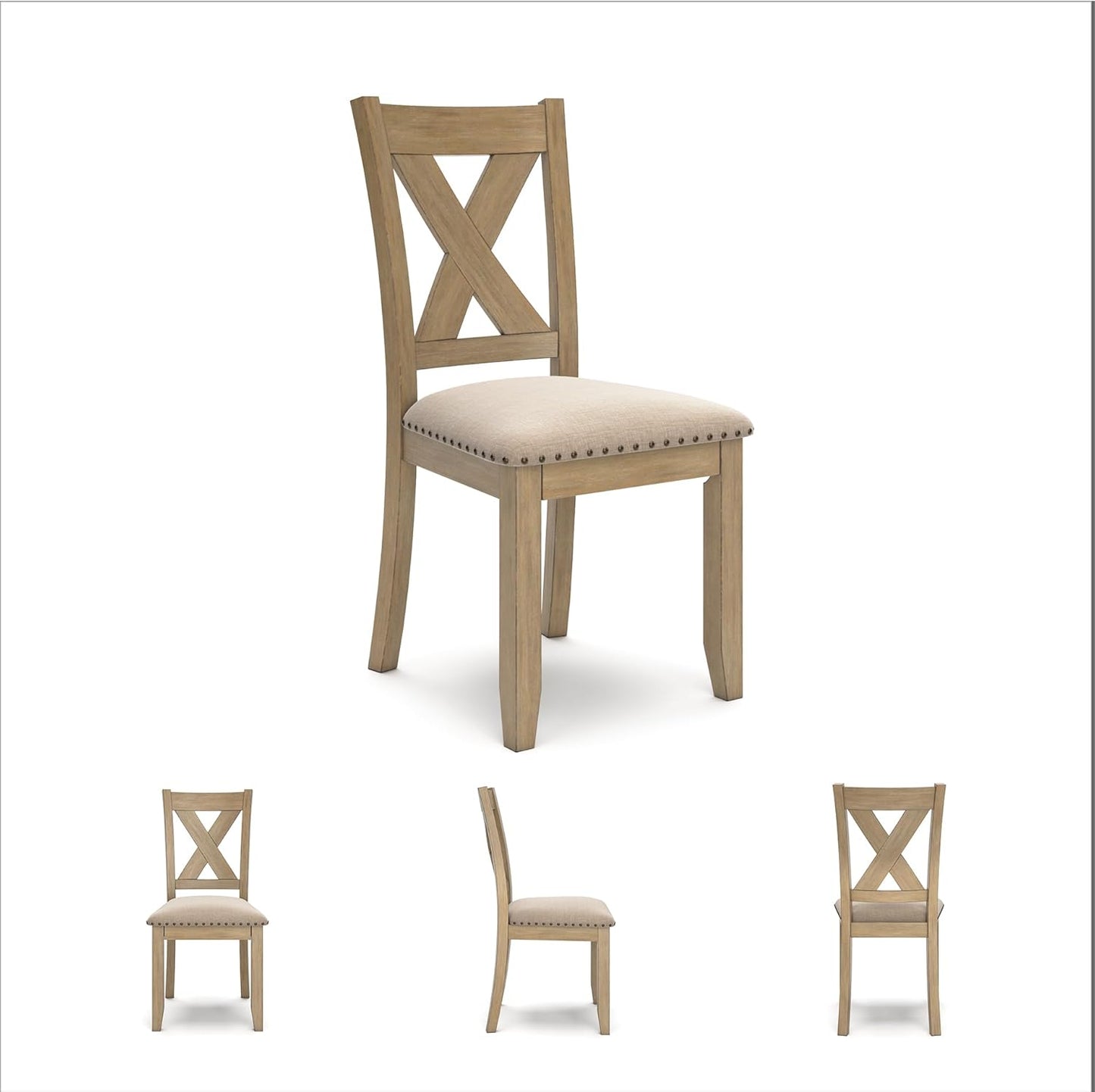 Signature Design by Ashley Sanbriar Casual Dining Table and Upholstered Chairs with Nailhead Trim, Set of 7, Light Brown & Beige