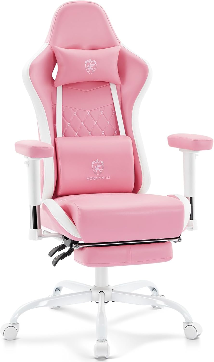 Gaming Chair,Computer Office Chair with Footrest,Massage Lumbar Support and Gel Pad,Ergonomic Reclining Leather Gamer Chair with Headrest,Adjustable Armrests and Spring Cushion Pink