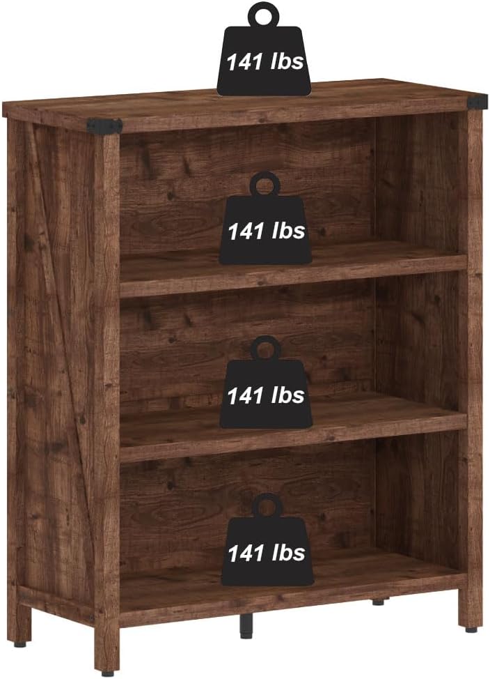 BON AUGURE Rustic Short Bookshelf, 3 Shelf Bookcase, Small Wood Low Book Cases/Shelves, Farmhouse Storage Tier Book Shelves for Home Office, Living Room, Small Space (Rustic Oak)