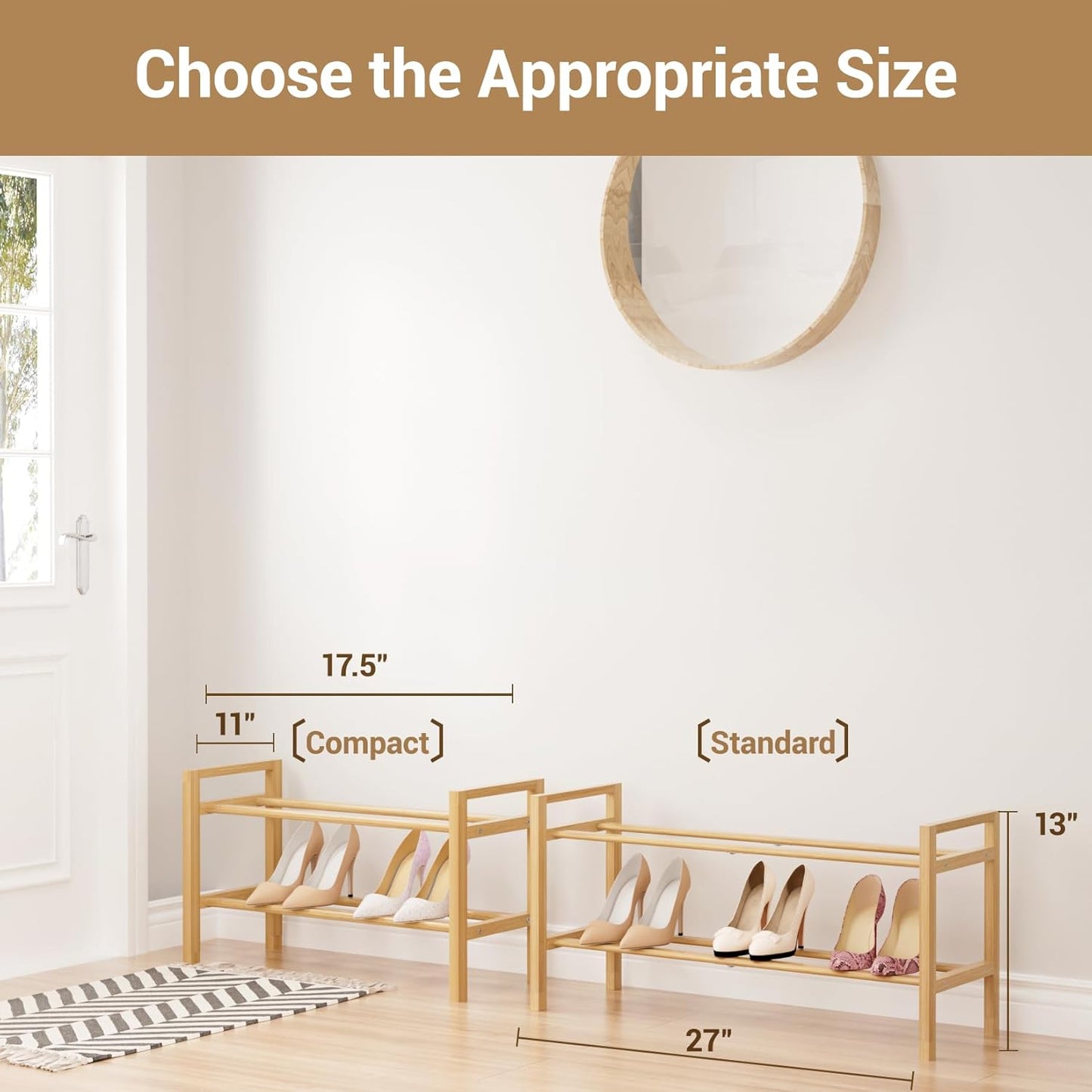 Haddockway Bamboo Shoe Rack for Closet, Free Standing Shoe Organizer with Smooth Round Rods & Convenient Handles, Stackable Shoe Storage Shelf for Entryway, Hallway(Natural, 2-Tier(Small))