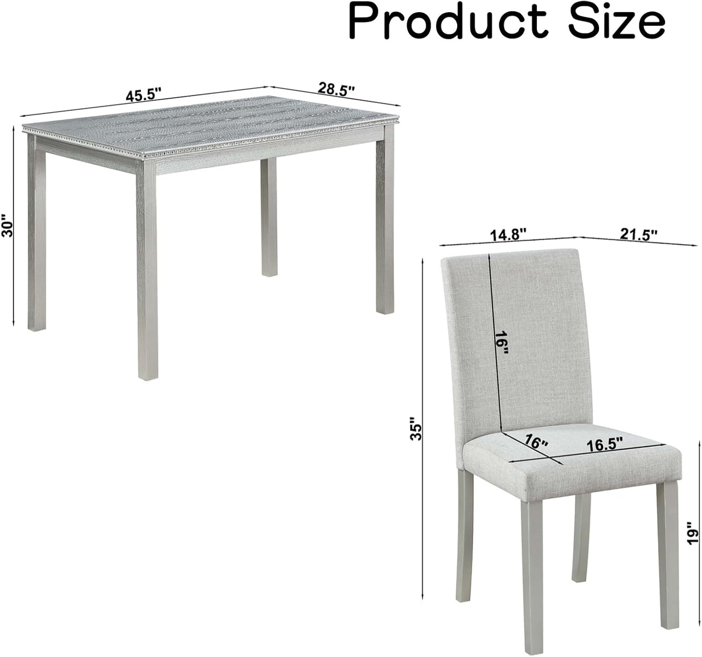 Dining Table Set for 4, 5-Piece Kitchen Table & Chairs Set with Rectangular Table & 4 Upholstered Chairs, 34.5'' Dinner Set with Crystal Decorations & Wood Grain Design, Silver Grey