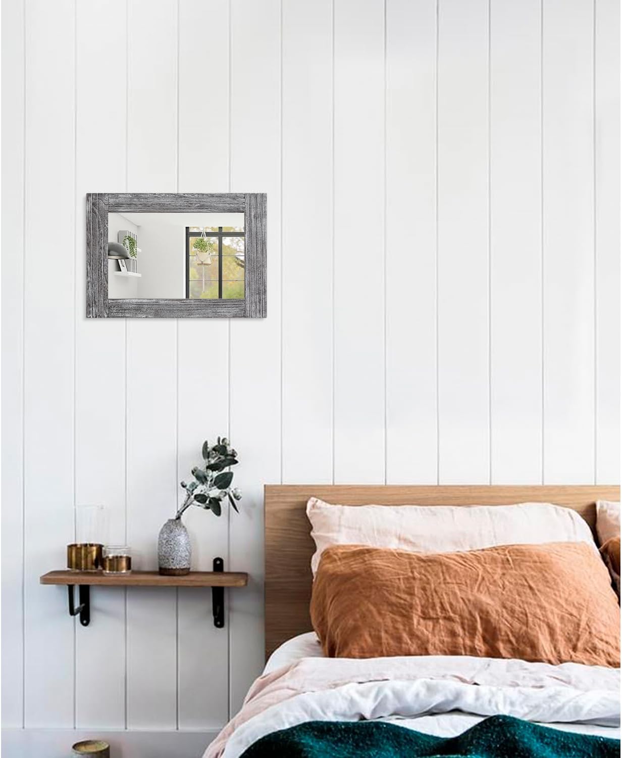 Rustic Wall Mirror Farmhouse, with Frame Wood Wall Mirror Rectangle Antique Decor Hanging Mirror for Bathroom Living Room Bedroom Entryway Small 16" x 12 "