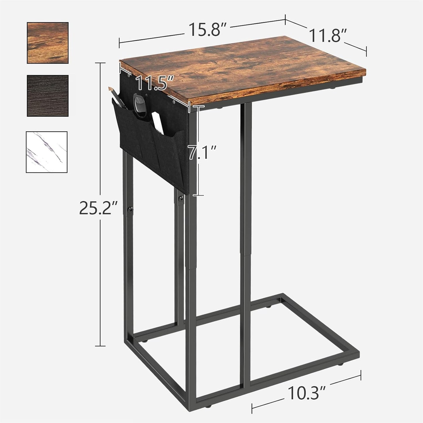 C Shaped End Table Set of 2 for Living Room, Couch Side Tables That Slide Under, TV Tray Snack Table for Sofa, Brown