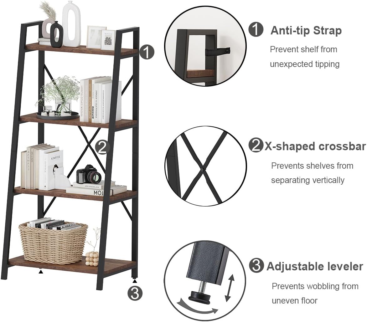 BON AUGURE Industrial Ladder Shelf Bookcase, 4 Tier Rustic Ladder Bookshelf, Standing Leaning Book Shelves for Living Room (Rustic Oak)
