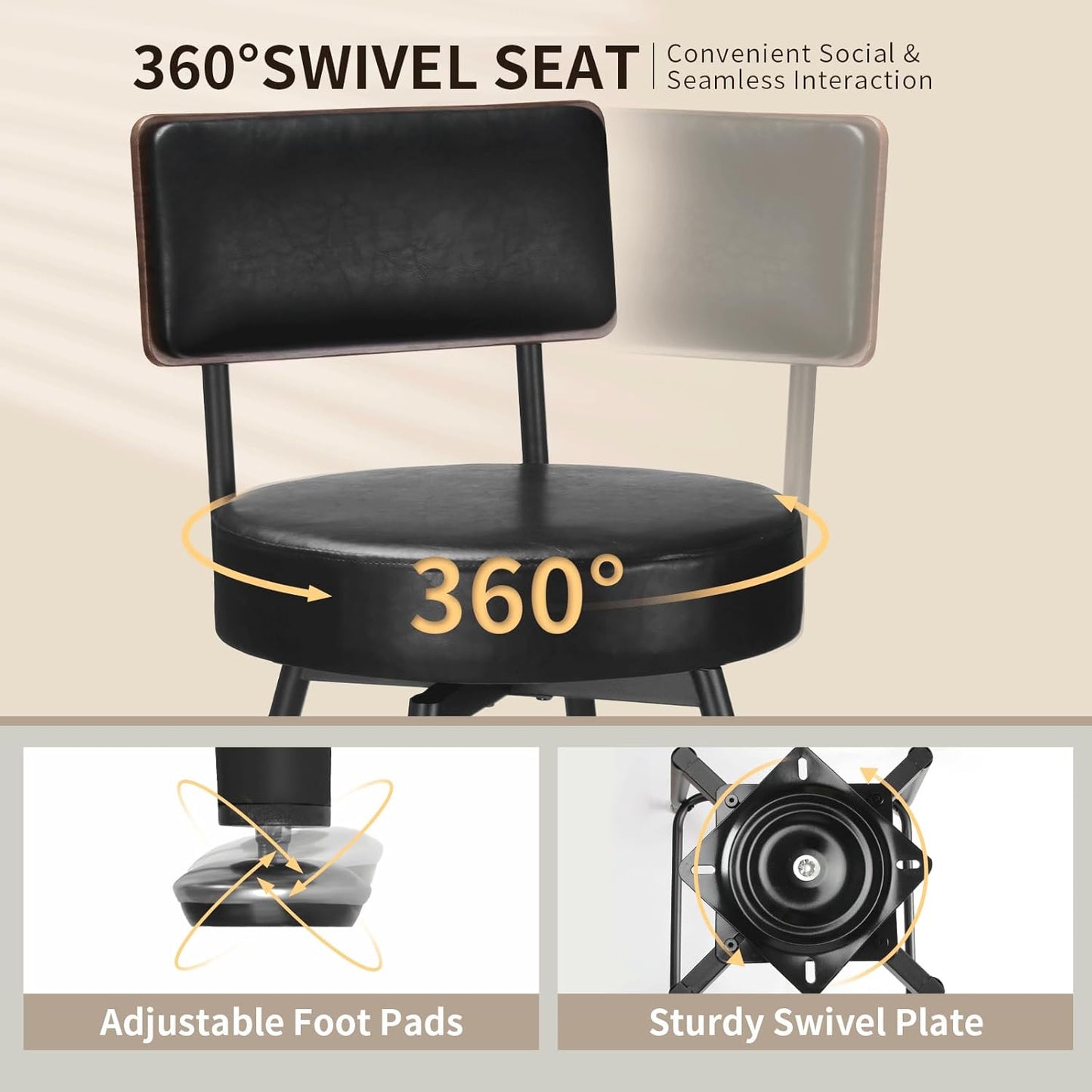 Bar Stools, 25 Inch Swivel Counter Height Bar Stools Set of 2, Black Faux Leather Swivel Bar Stool with Wood Back & Metal Legs for Kitchen Island Pub, Black