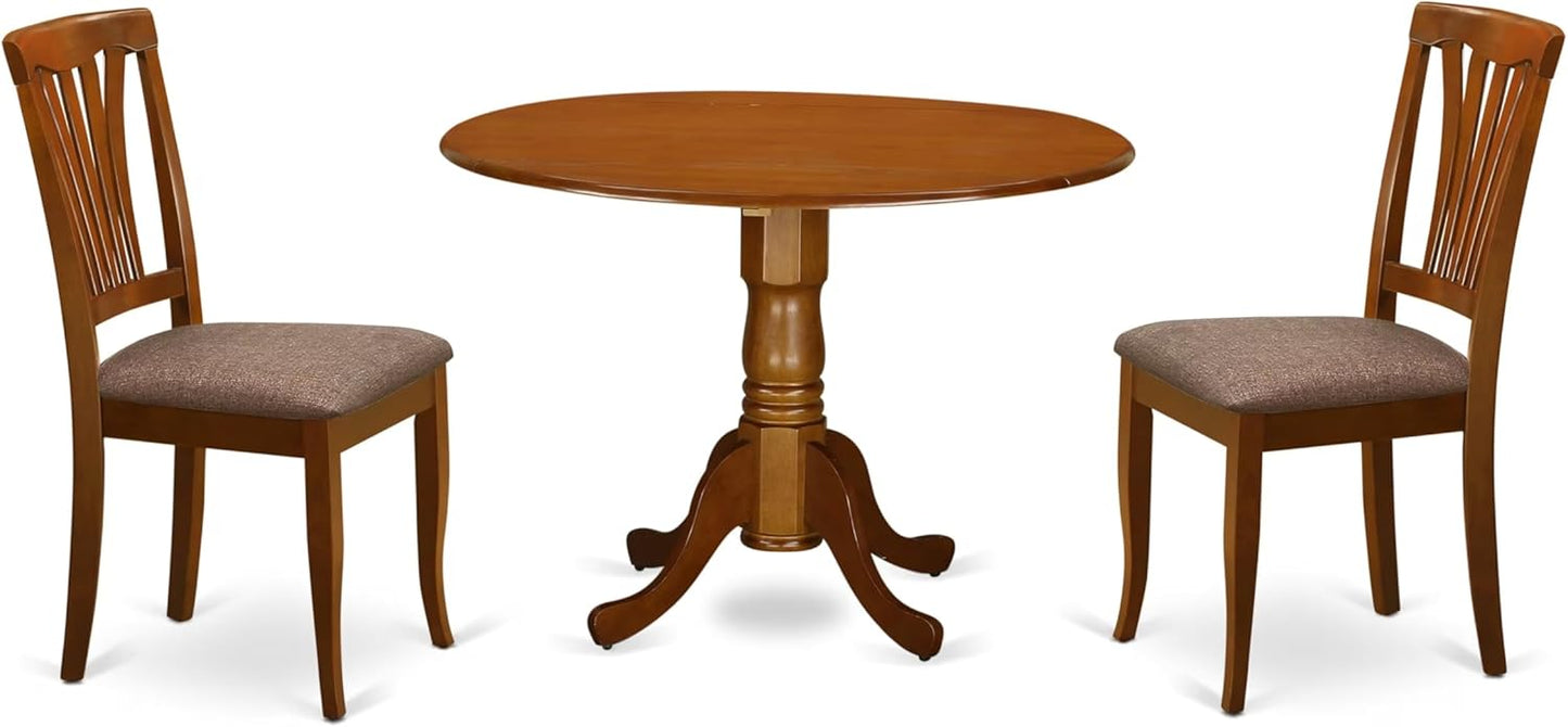 East West Furniture DLAV3-SBR-C 3 Piece Dining Room Table Set Contains a Round Dining Table with Dropleaf and 2 Linen Fabric Upholstered Chairs, 42x42 Inch, Saddle Brown