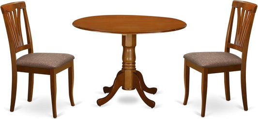 East West Furniture DLAV3-SBR-C 3 Piece Dining Room Table Set Contains a Round Dining Table with Dropleaf and 2 Linen Fabric Upholstered Chairs, 42x42 Inch, Saddle Brown