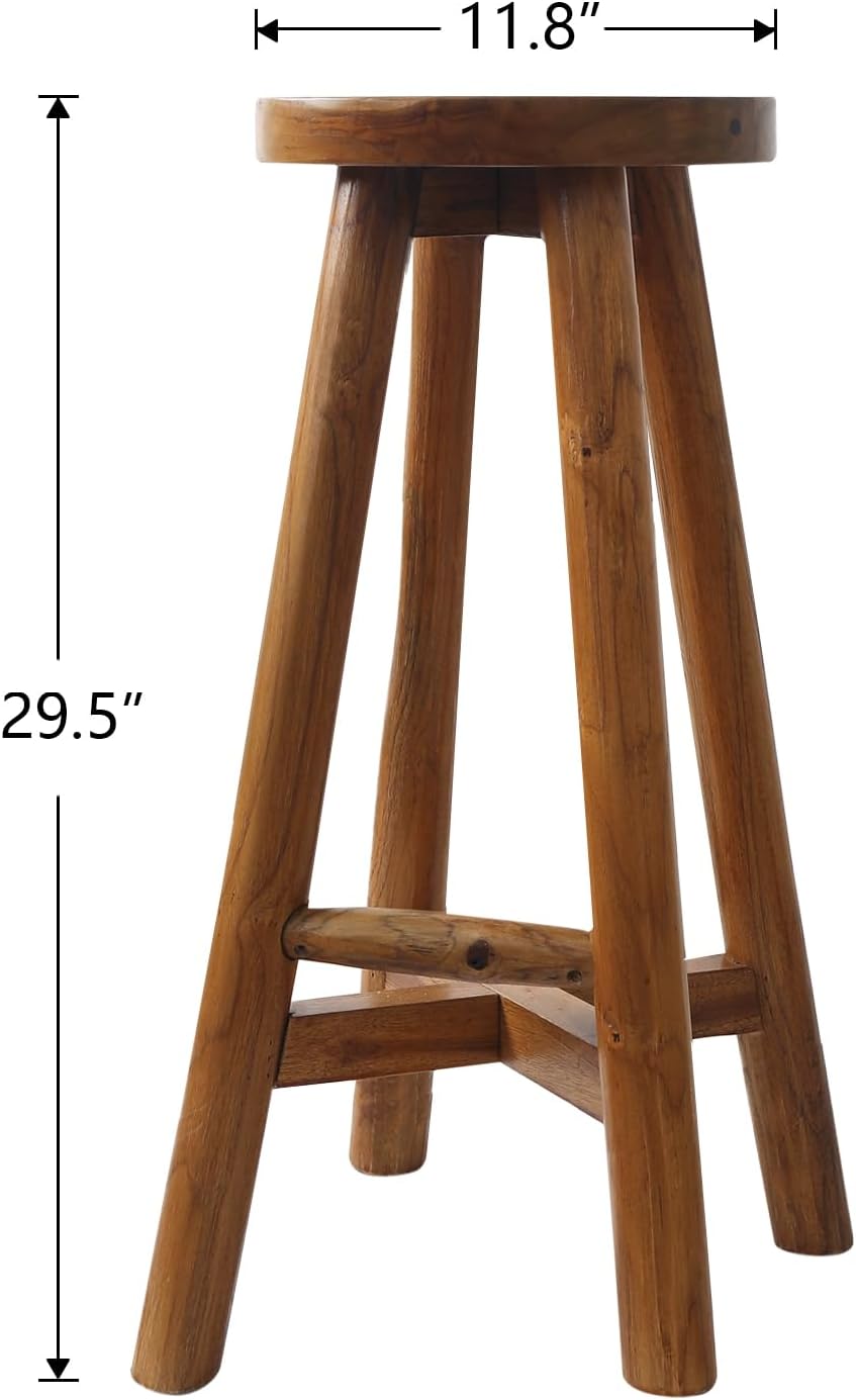 Bar Stool with Round Seat for Kitchen Island Counter, Solid Teak Wood Barstool in Espresso Finish, Home Bar Furniture, 29-Inch Height