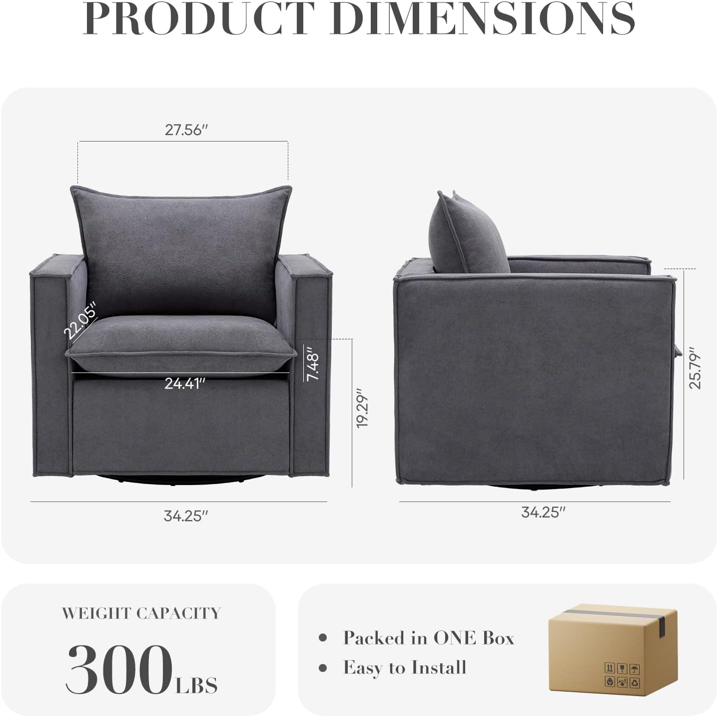 COLAMY Swivel Accent Chair Set of 2, 34 Inches Wide Upholstered Arm Chair with Plump Back Pillow, Modern Sofa Living Room Chair for Bedroom, Corner, Reading Nook-Grey