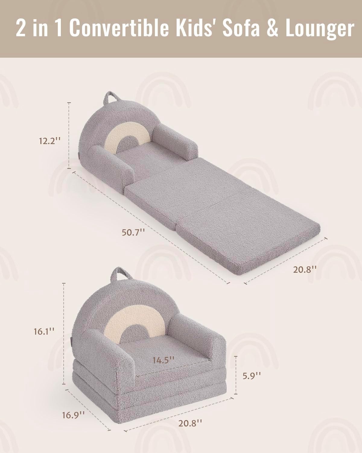 Blissful Diary Foldable Toddler Couch, 2-in-1 Comfy Toddler Chair & Lounger for Reading, Nap, Playroom, Kids Couch Sofa for 1 2 3+ Year Old Girls Boys Birthday Gift, Light Gray Arclet