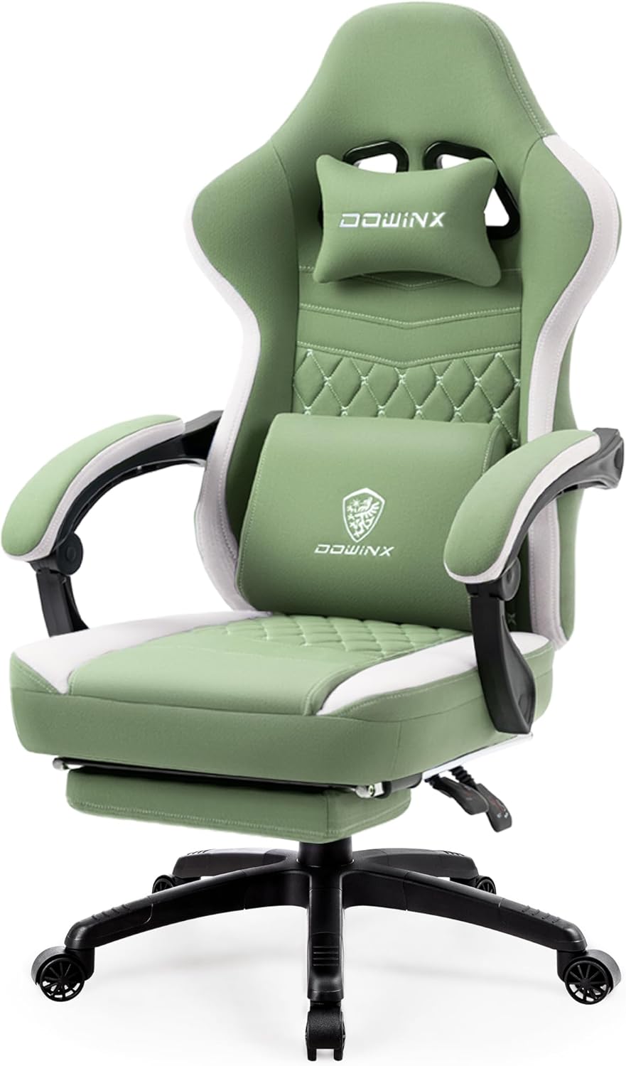 Dowinx Gaming Chair Breathable Fabric Game Chair with Gel Pad and Storage Bag, Comfortable Gamer Chair with Pocket Spring Cushion, Ergonomic Computer Chair with Footrest, Green