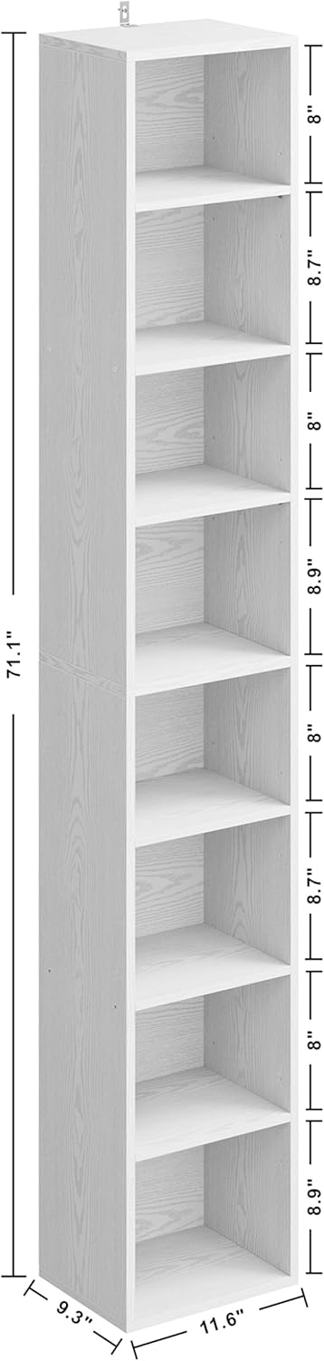 IRONCK Tall Narrow Bookshelf 8 Tiers, Compact Corner Bookcase, Easy to Match for Living Room, Office, Study, Bedroom, White