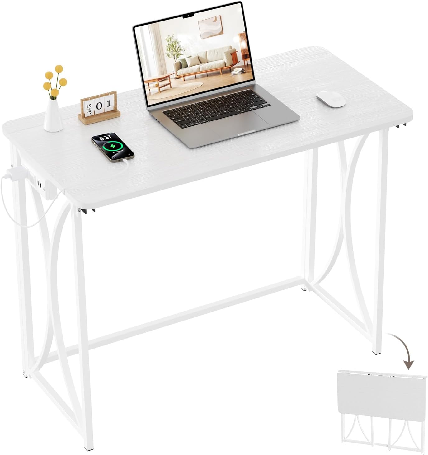 Foldable Desk, 31.5" Small Desk for Bedroom with Power Outlet, Space Saving Folding Computer Desk for Home Office, Easy Assembly, White