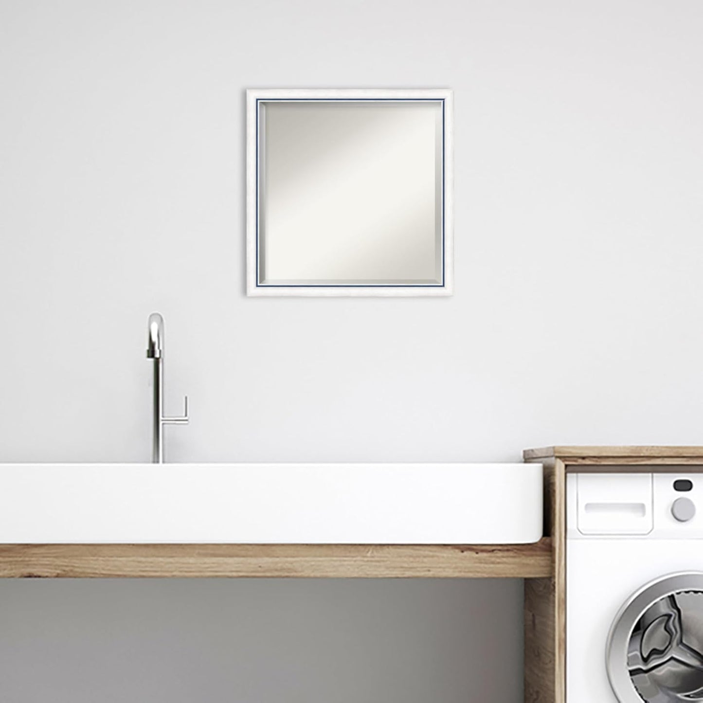 Amanti Art White Bathroom Mirror for Over Sink, 22x22 Morgan White Blue Square Vanity Mirror, Medium Modern Contemporary Wood Frame, Hangs Horizonally and Vertically, Bathroom Wall Decor, Beveled Edge