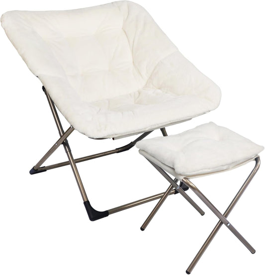 Kokel Plush Folding Chair and Ottoman Padded Metal Frame Living Room Chair (White-TM3)