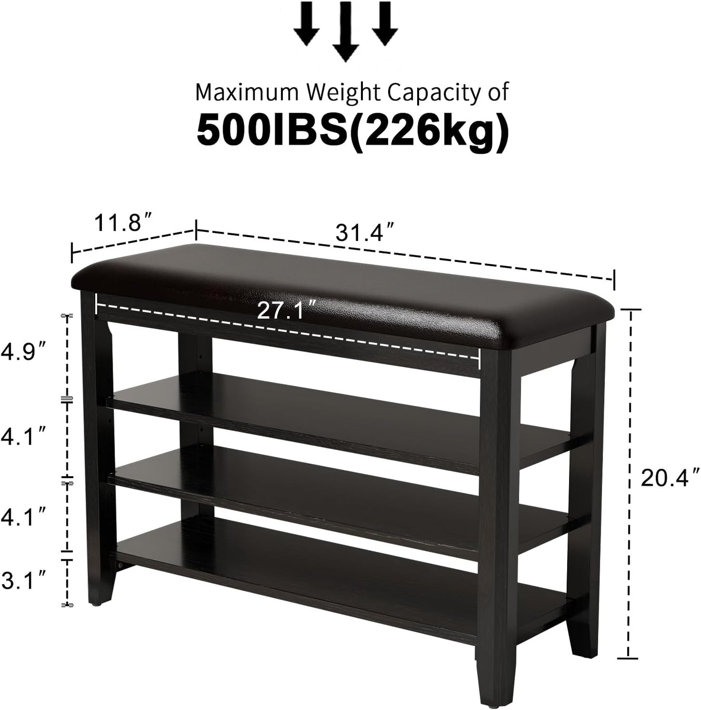 Shoe Bench with Leather Cushion, 3 Tiers Shoe Storage Bench Height Adjustable, Walnut Wood Entryway Bench for Hallway, Mudroom