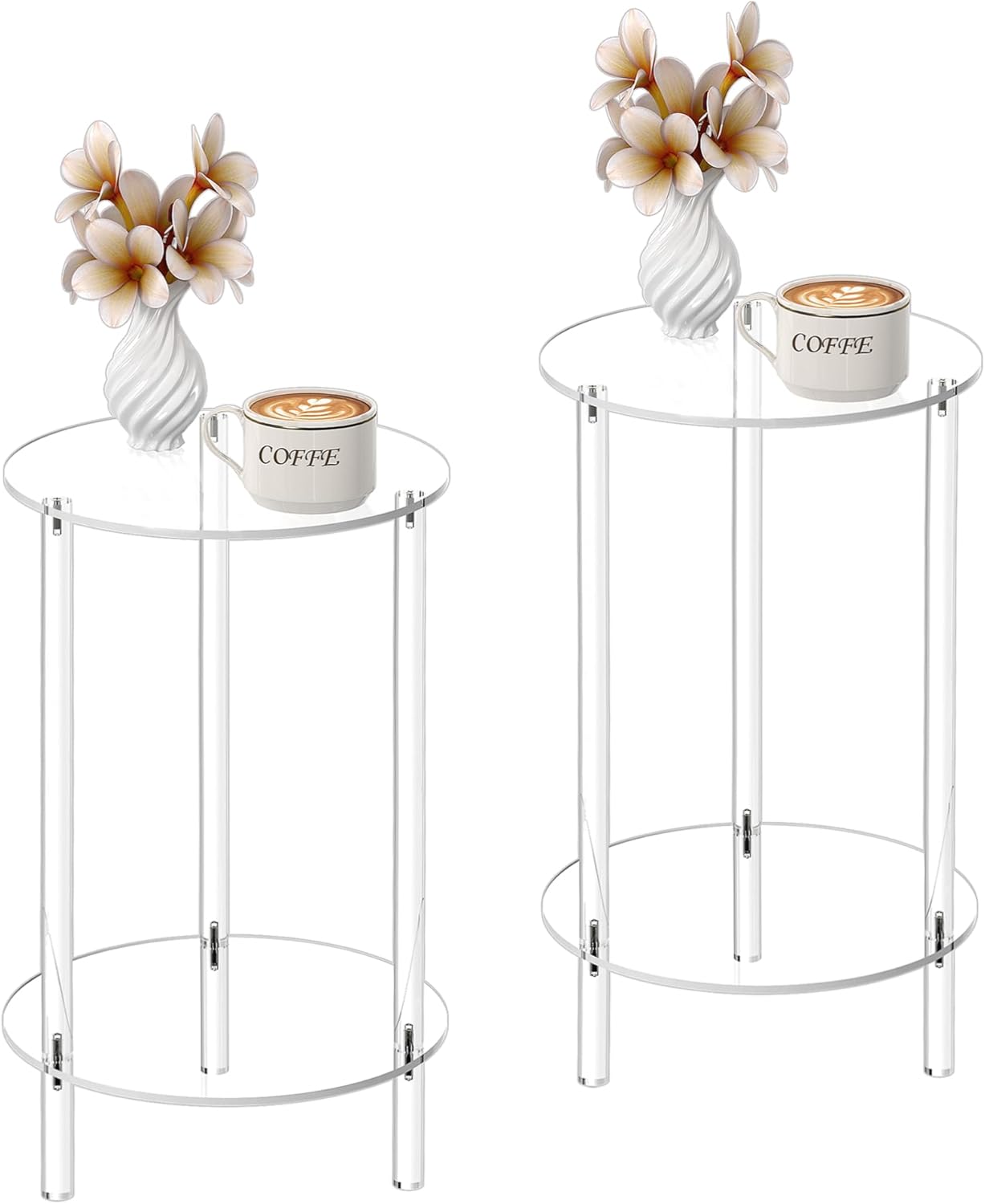 HMYHUM Acrylic Round Side Table Set of 2, 11.8" L x 11.8" W x 20.2" H, Clear Small End Table for Small Spaces, 2-Tier Nightstand/Bedside Table for Living Room, Bedroom, Modern