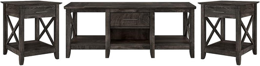 Bush Furniture Key West Coffee Table with Set of 2 End Tables in Dark Gray Hickory