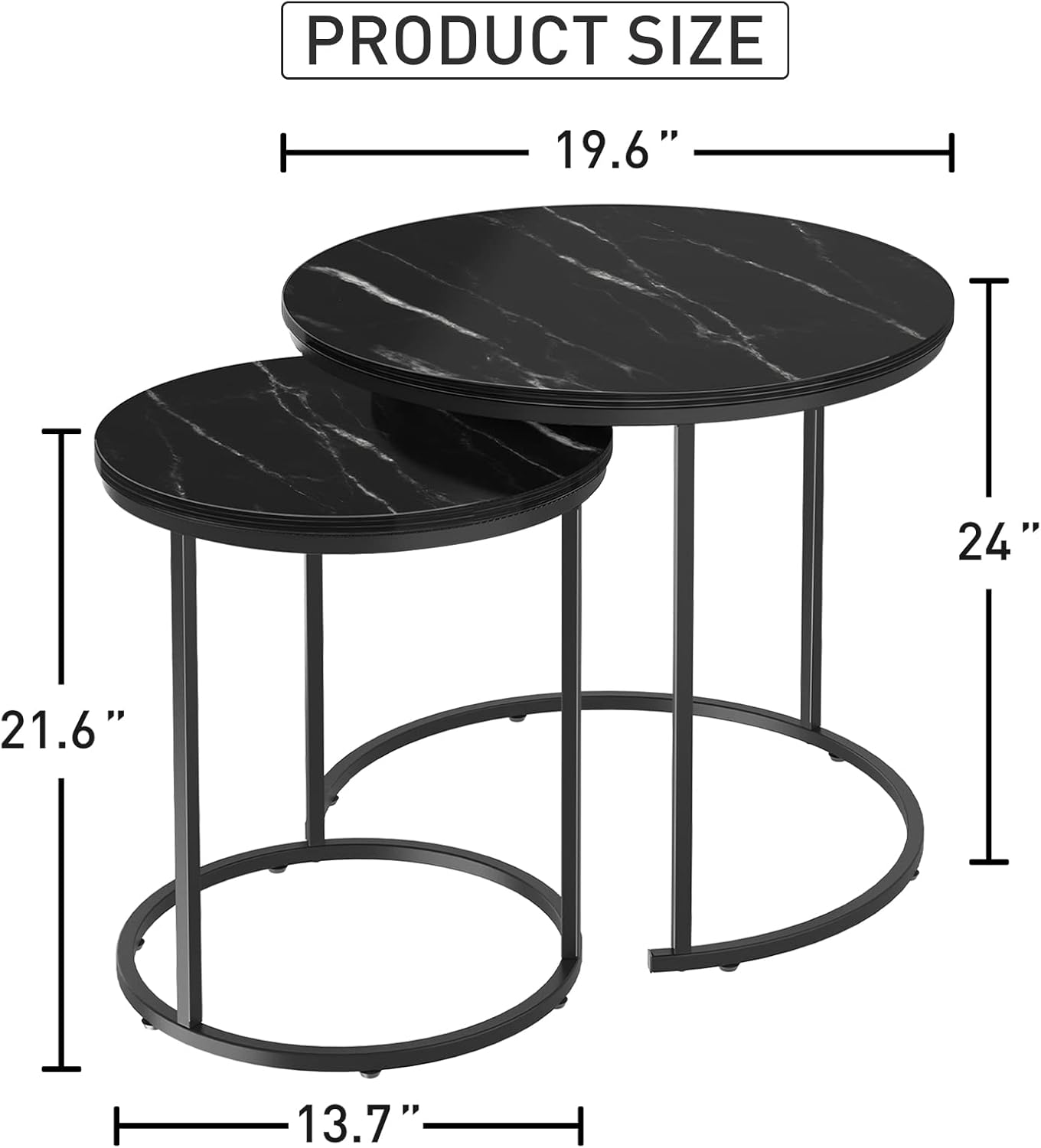 Black Marble Nesting Coffee Table for Small Place 24 in 2 Sets High Side End Sofa Table Nightstand Modern Furniture Living Room Cabin Bed Room Dining RoomGarden 4 You (Black Marble)