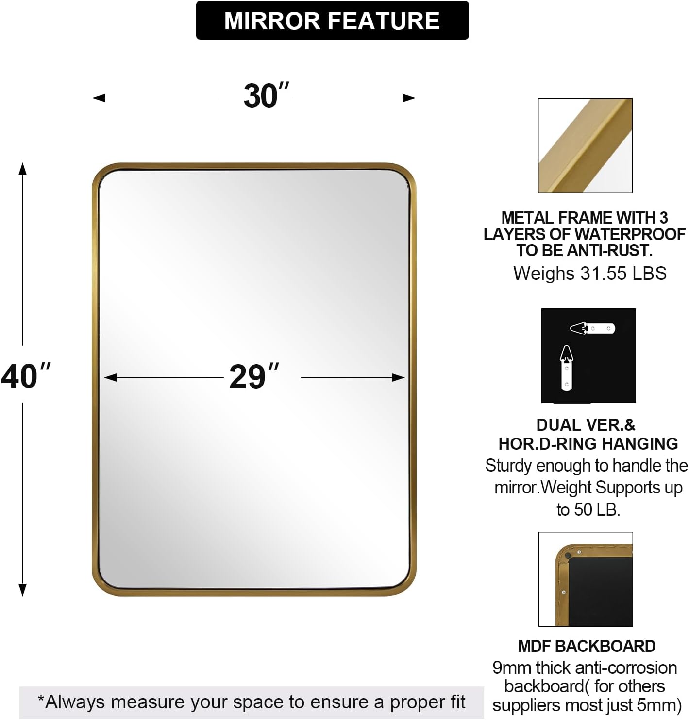 ANDY STAR Brushed Gold Mirror 40''X30'', Gold Bathroom Mirror Rounded Rectangle in SUS304 Anti-Rust Tube Metal Frame, Wall Mounted Horizontal/Vertical 1’’ Deep