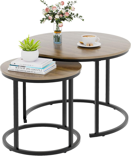 Garden 4 you Nesting Coffee Table, 23.6" Round Coffee Table Set of 2, Wooden Nesting Table Set with Metal Frame, Side Tables for Living Room Bedroom Balcony, Brown