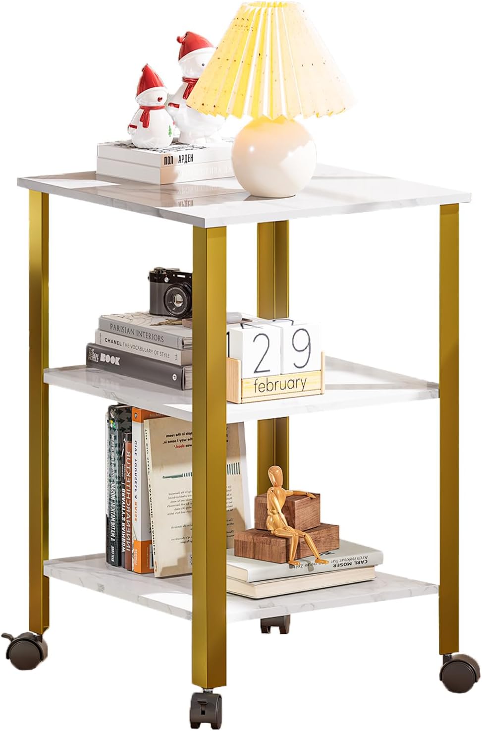 Side Table, End Table with Wheels, Printer Stand with 3-Tier Storage, Bedside Table,Telephone Table,Square Small Side Table for Living Room, Bedroom, Office, Kitchen, Metal Frame, Easy Assembly -White