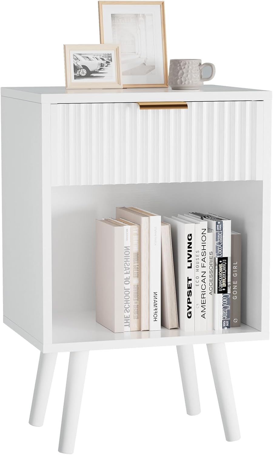 YMYNY Mid Century Modern Nightstand, Side Table, Fluted Night Stand with Drawer, Open Shelf Unit, Golden Handle, Solid Wood Legs, Bedside Table, for Bedroom, White UHST013W