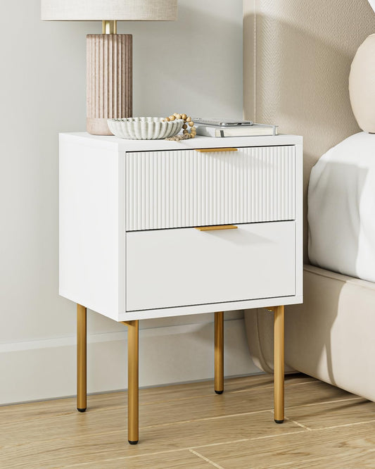 Nightstand,Small Bedside Table with Gold Frame,Morden Night Stand with 2 Drawer,End Table,Side Table with Drawer and Shelf for Bedroom,Living Room (White-2Drawer)