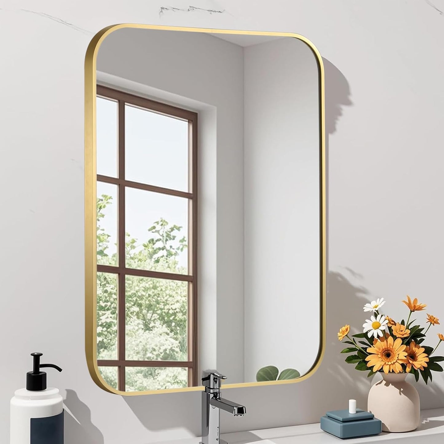 Brushed Gold Mirror, 22"x30" Rectangle Bathroom Mirror, Metal Frame Rectangle Corner Vanity Mirror, Wall Mounted Mirror for Modern, Living Room, Bedroom, Horizontal Or Vertical
