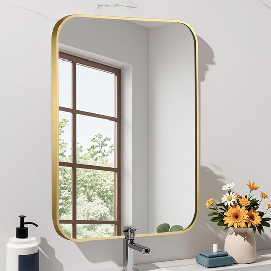 Brushed Gold Mirror, 22"x30" Rectangle Bathroom Mirror, Metal Frame Rectangle Corner Vanity Mirror, Wall Mounted Mirror for Modern, Living Room, Bedroom, Horizontal Or Vertical