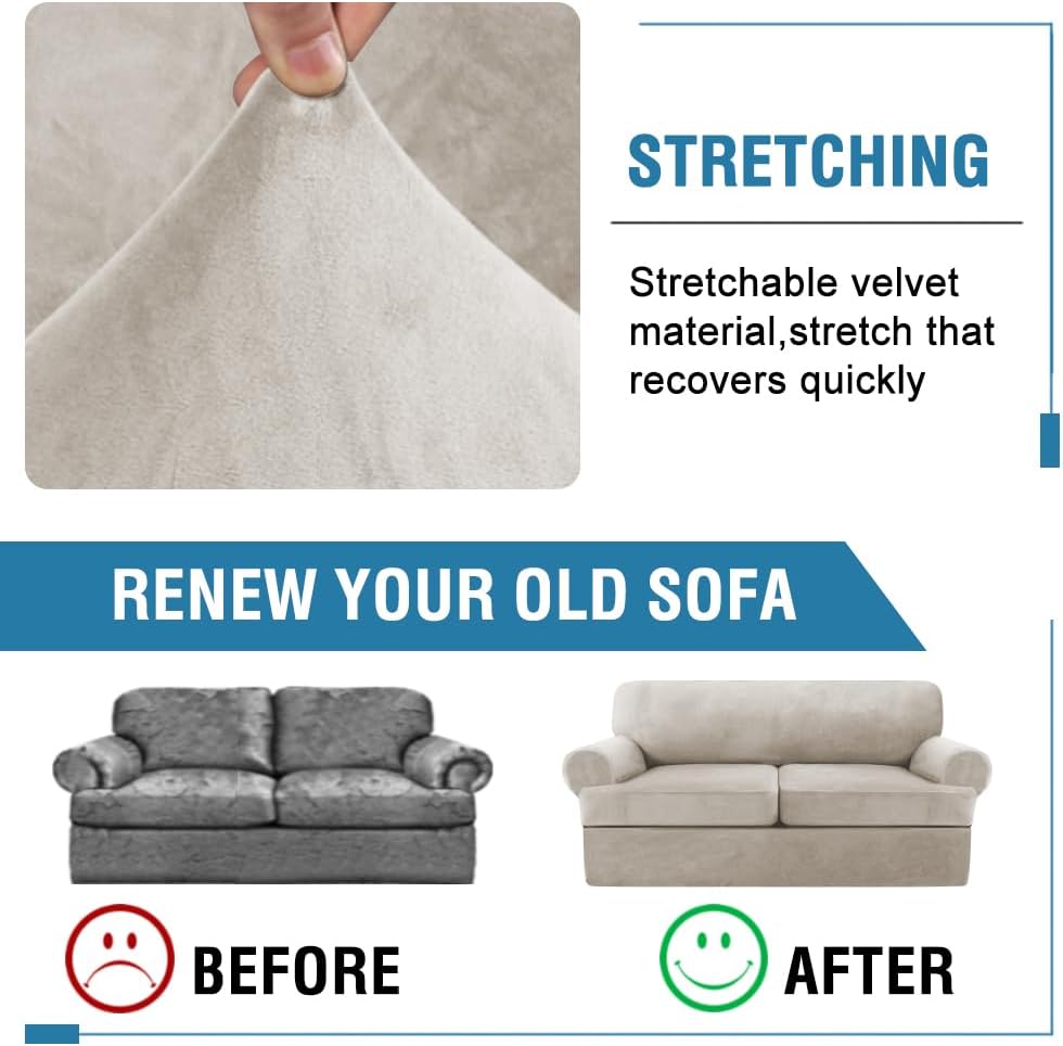 H.VERSAILTEX Sofa Cover 3 Piece T Cushion Loveseat Slipcovers Thick Velvet Couch Cover Stretch T Cushion Sofa Covers for 2 Cushion Couch with 2 Individual T Cushion Covers, French Oak