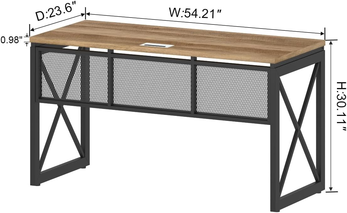 BON AUGURE Farmhouse Computer Desk, Modern Industrial Home Office Desks, Wood Metal Study Writing Table, Sturdy Gaming Desk (Vintage Oak, 54 Inch)