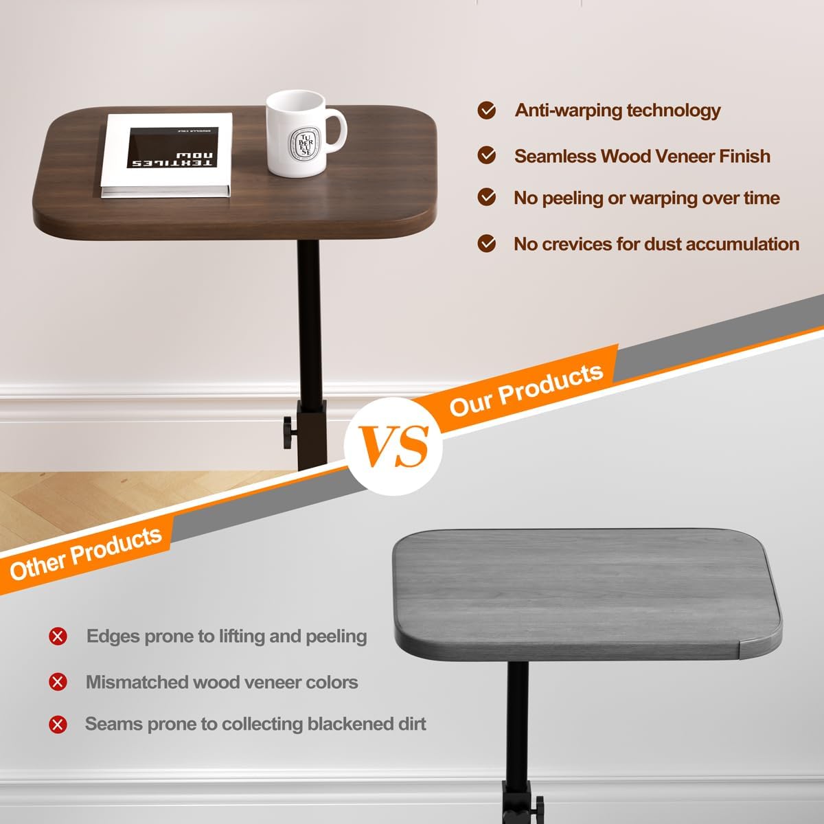 Adjustable Side Table TV Tray, C Shaped End Table, Small Bedside Table, Mid Century Modern Accent Nightstand for Living Room, Bedroom, Corners and Office (Walnut)