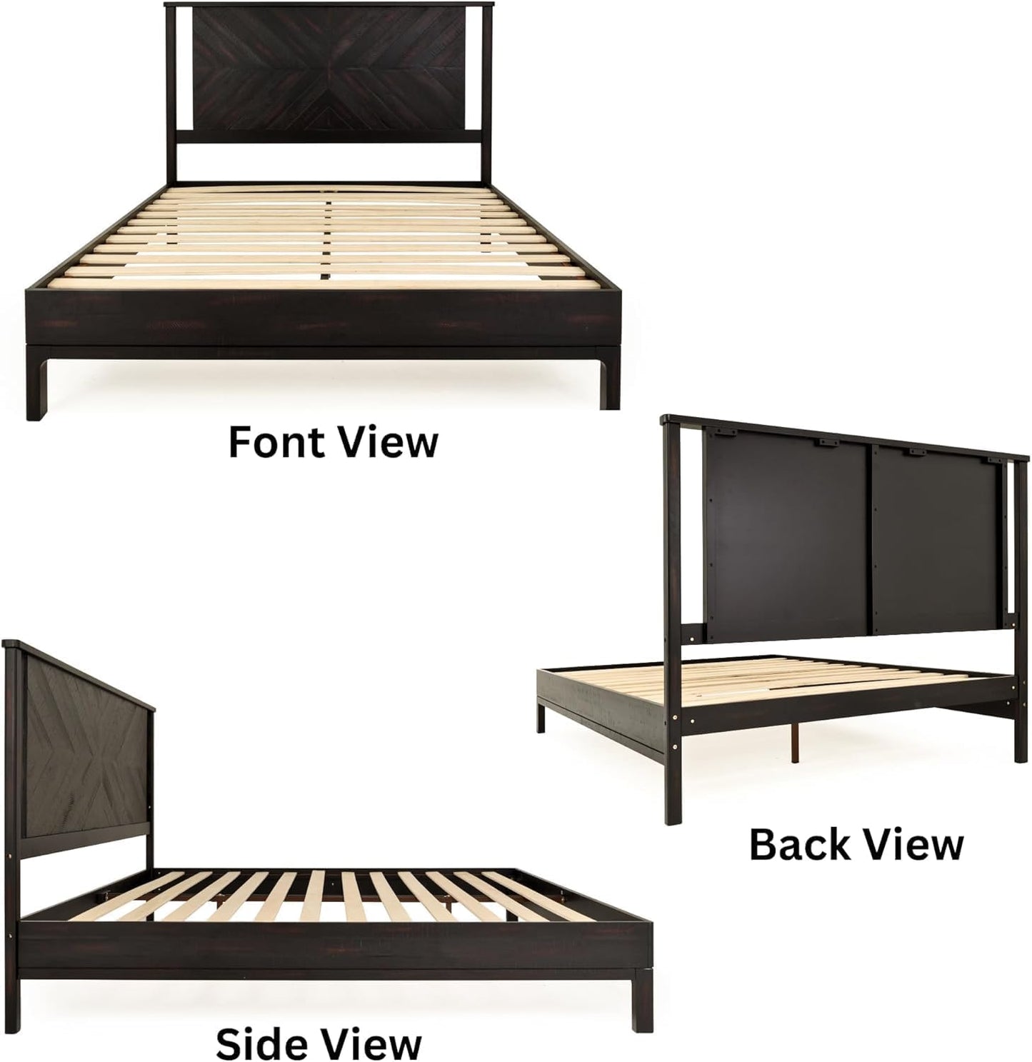 Bme Vivian 14 Inch Deluxe Bed Frame with Headboard, Rustic & Scandinavian Style with Solid Acacia Wood, No Box Spring Needed, 12 Strong Wood Slat Support, Easy Assembly, Queen, Rustic Black