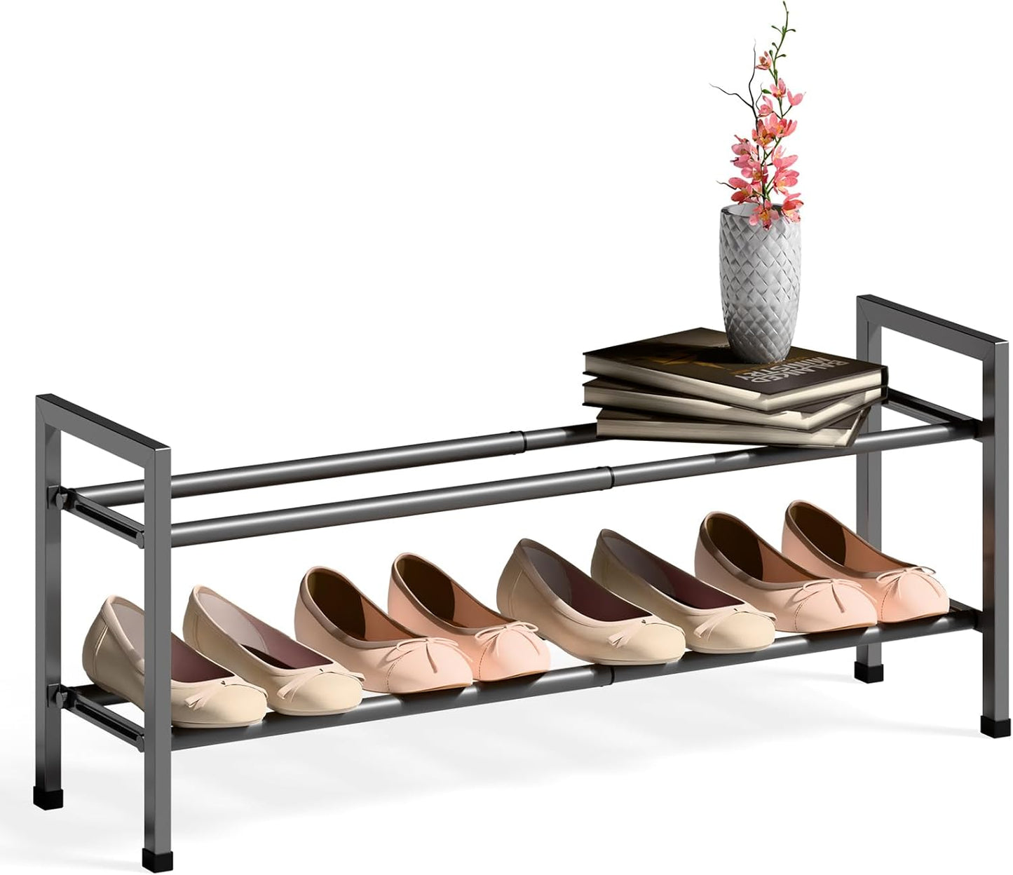 Bumusty 2-Tier Expandable Shoe Rack for Closet, 18“-33” Adjustable Shoe Rack for Small Space, Small Shoe Organizer for Front Door, Sturdy Metal, Gray