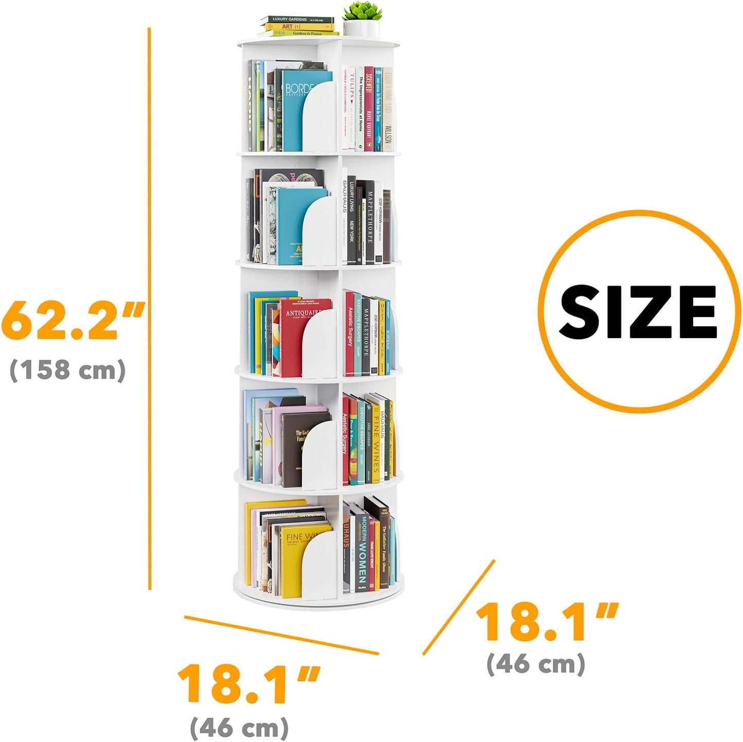 SpaceAid 5 Tier Rotating Bookshelf Tower, Spinning Bookcase Lazy Susan, Revolving 360 Book Shelf Storage Round Carousel, Vertical Rotate Turning Spiral Corner Organizer, White