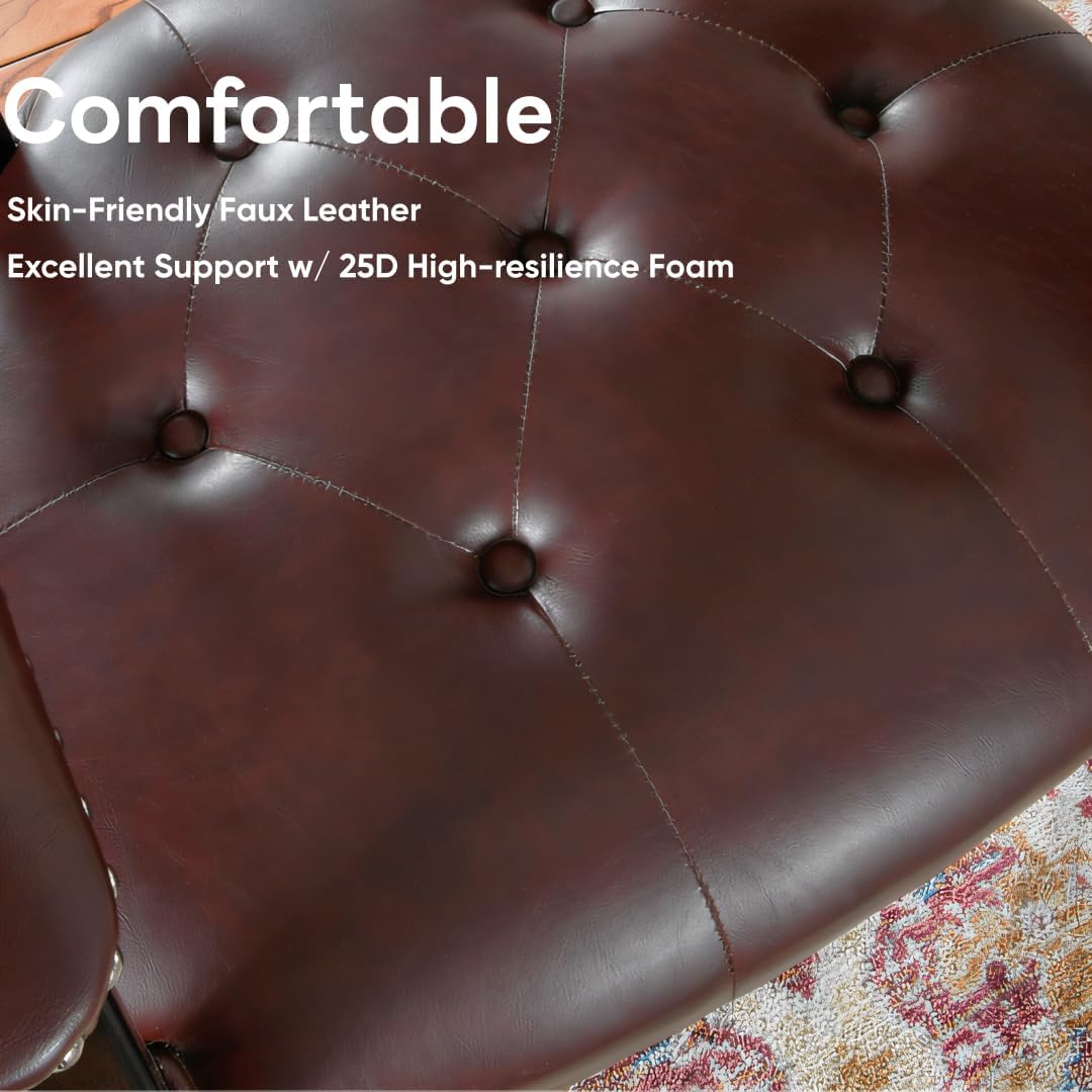 LEEMTORIG Dining Chairs with Casters and Arm, Large Rolling Dining Chairs with Wheel, Poker Table Chairs, Boss Caption's Chairs, 26"D x 25.2"W x 31.5"H, Espresso Legs & Wine Red Brown PU, XXY-1910-WR