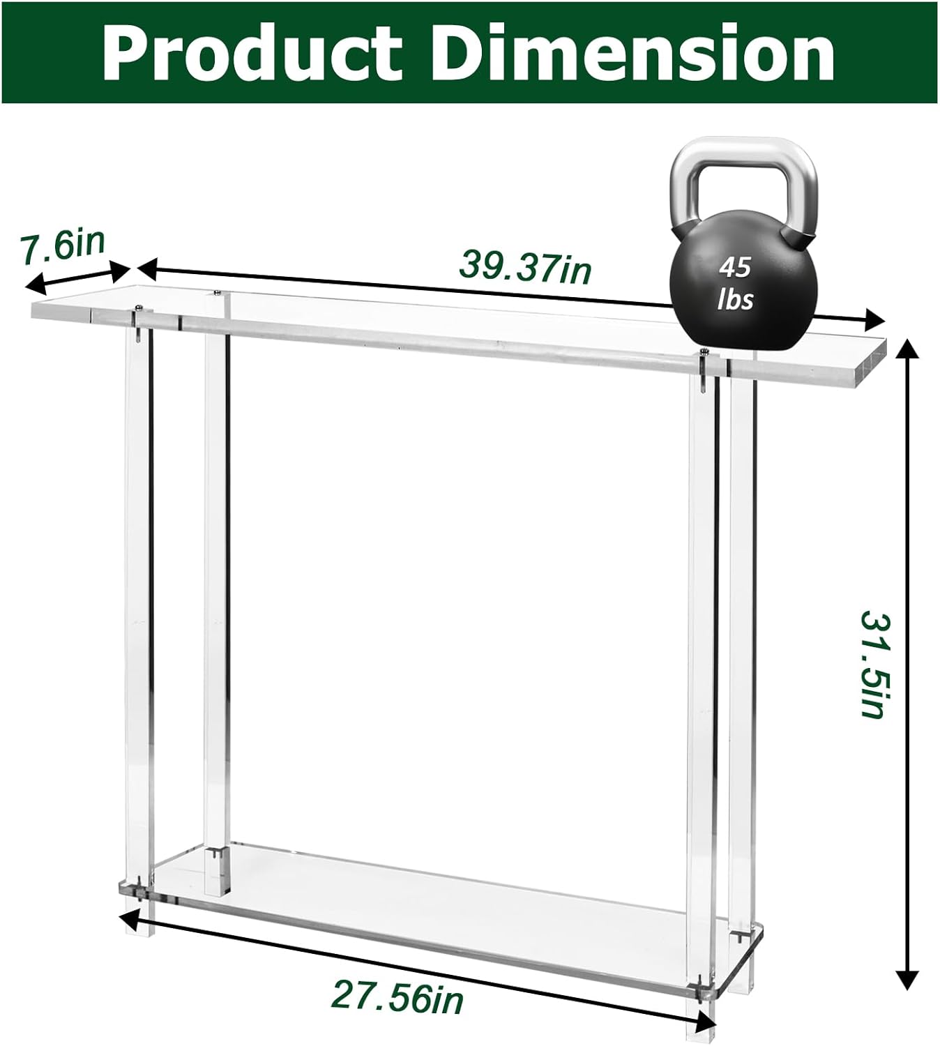 Acrylic Narrow Console Table for Entryway 7.6" D x 39.4" W x 31.5" H Clear Modern Skinny Bookshelf Slim Entry Table Waterfall Desk Furniture for Sofa Foyer Hallway Living Room Dining Room