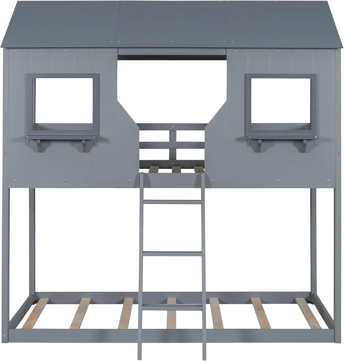 Ball & Cast Twin Over Twin Size Playhouse Bunk Bed with Roof and Window,Wood Bunkbed w/Full-Length Guard Rail & Ladder,Slat Support,Space Saving,Bedroom Furniture for Student Dorms,Gray