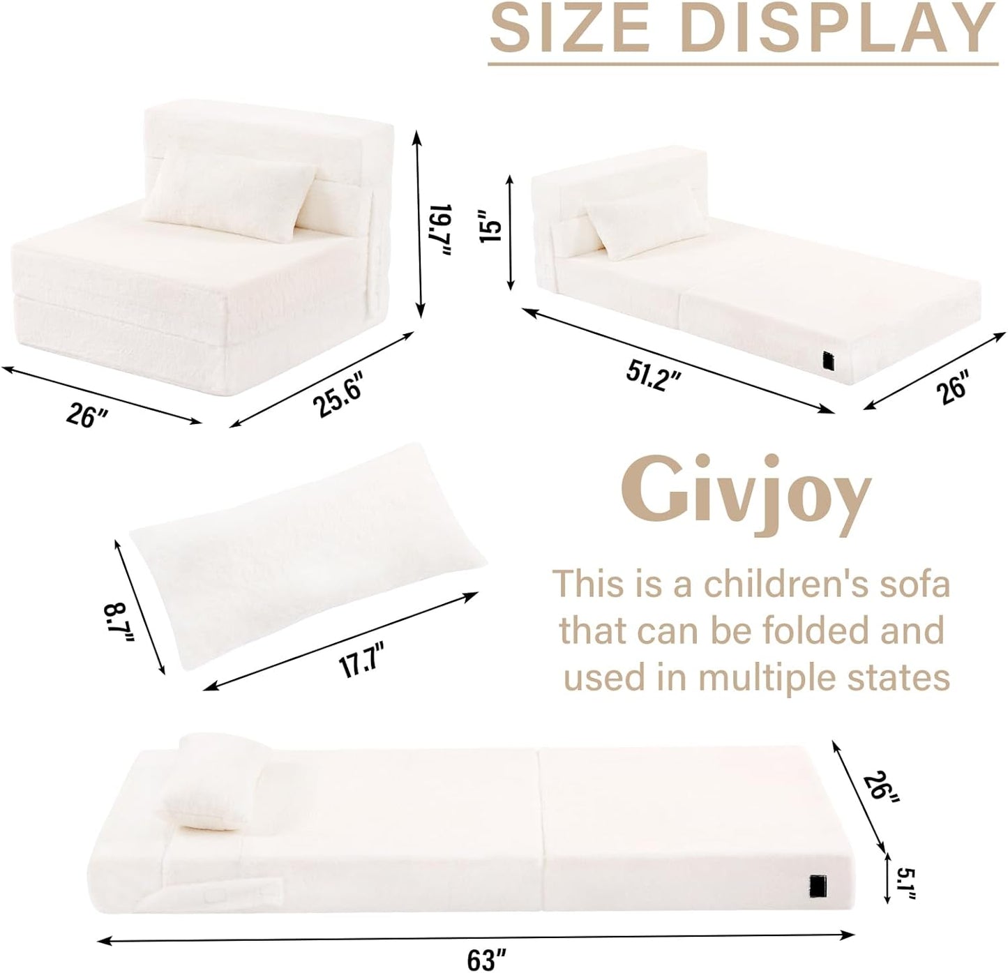 Folding Sofa Bed Beige Floor Mattress for Kids with Pillow, Toddler Washable Folded Floor Nap Mat Futon, Child Fold Up Sofa Folding Chair Bed with Storage Bag for Girls and Boys