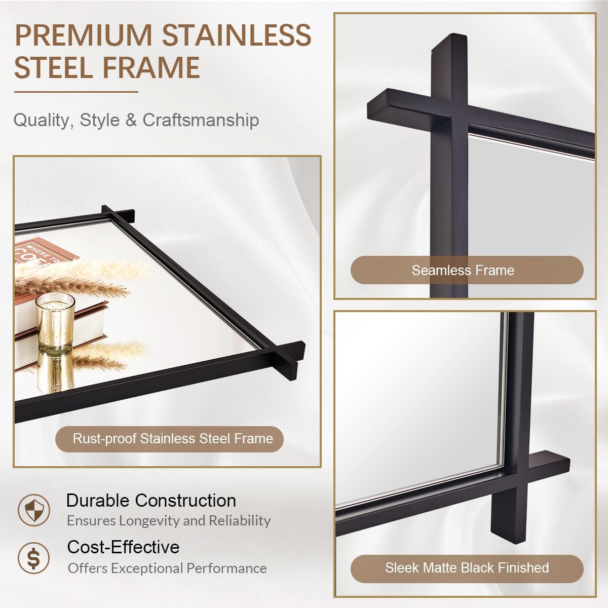 Andy Star 30x40 Inch Black Bathroom Vanity Mirror, Large Vintage Cross Corner Mirror Unique Industrial Minimalist for Home Decor in 1’’ Stainless Steel Metal Frame Wall Mounted Vertical/Horizontal