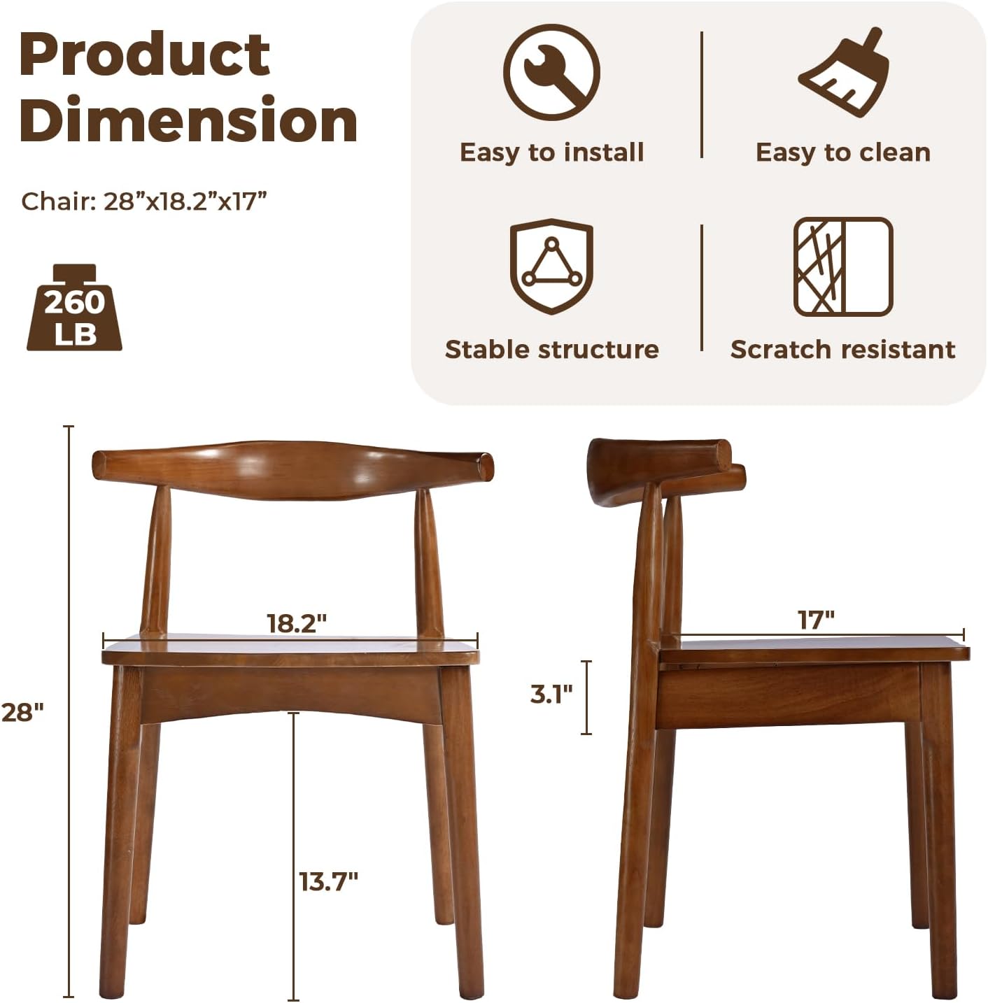 DELAVIN Solid Wood Dining Chairs Set of 4,Kitchen Chairs with Solid Oak Wood Legs, Farmhouse Style High Ladder Back Dining Room Chairs,Walnut