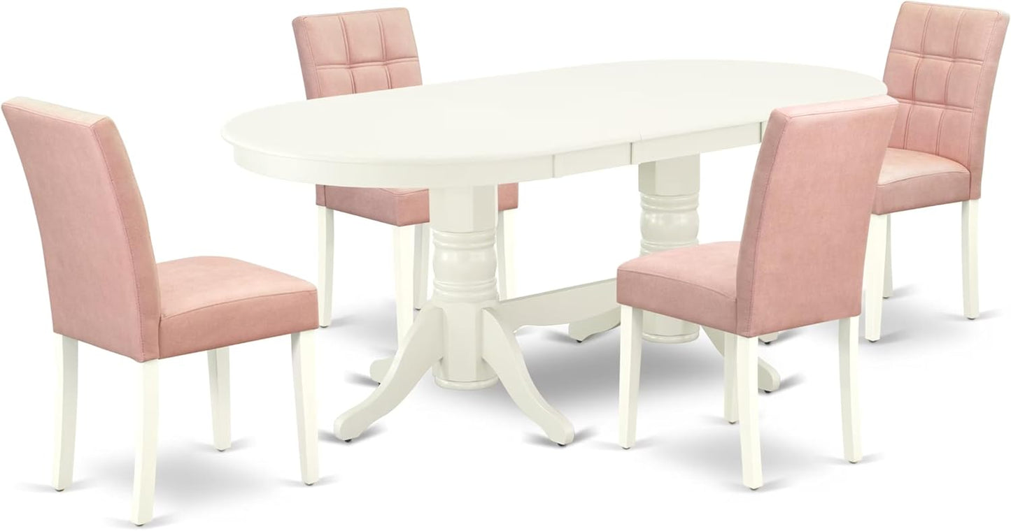 East West Furniture VAAS5-LWH-42 5 Piece Mid-Century Dining Table Set Includes A Wood Table and 4 Beige Red Polyester Fabric Padded Chairs with Stylish Back- Linen White Finish